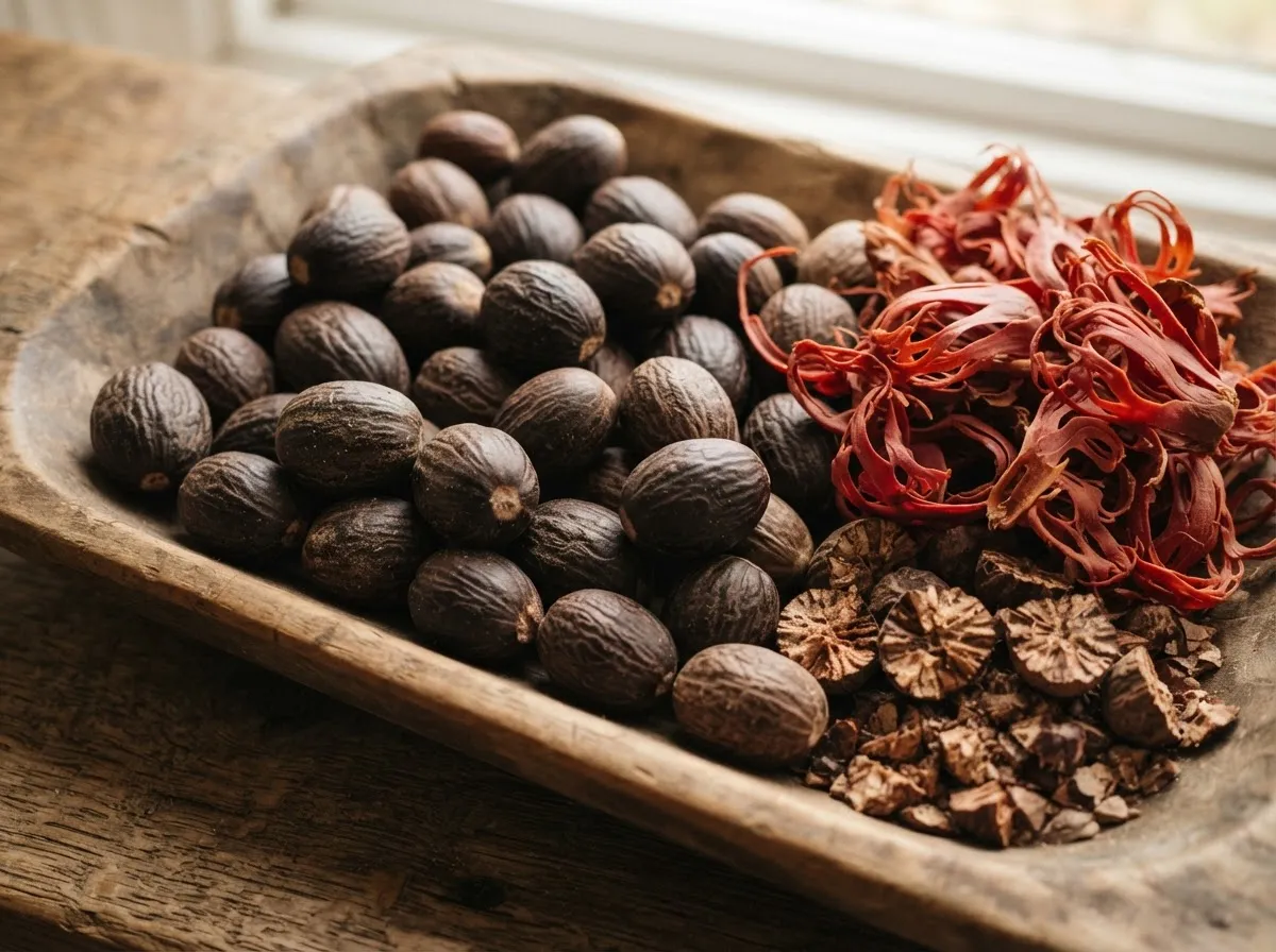 Whole dried nutmeg kernels with red mace beside a coarse-cracked sample