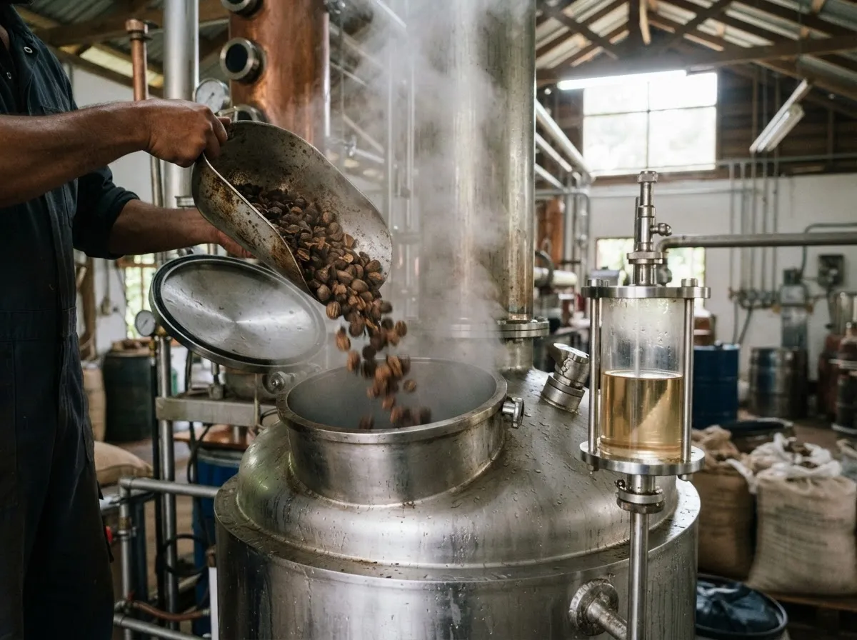 Coarse-cracked nutmeg being charged into a still in a working distillery